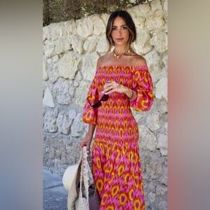 Zara On/Off Shoulder Smocked Body Maxi Dress Cotton Orchid/Yellow Ikat Print ZB2